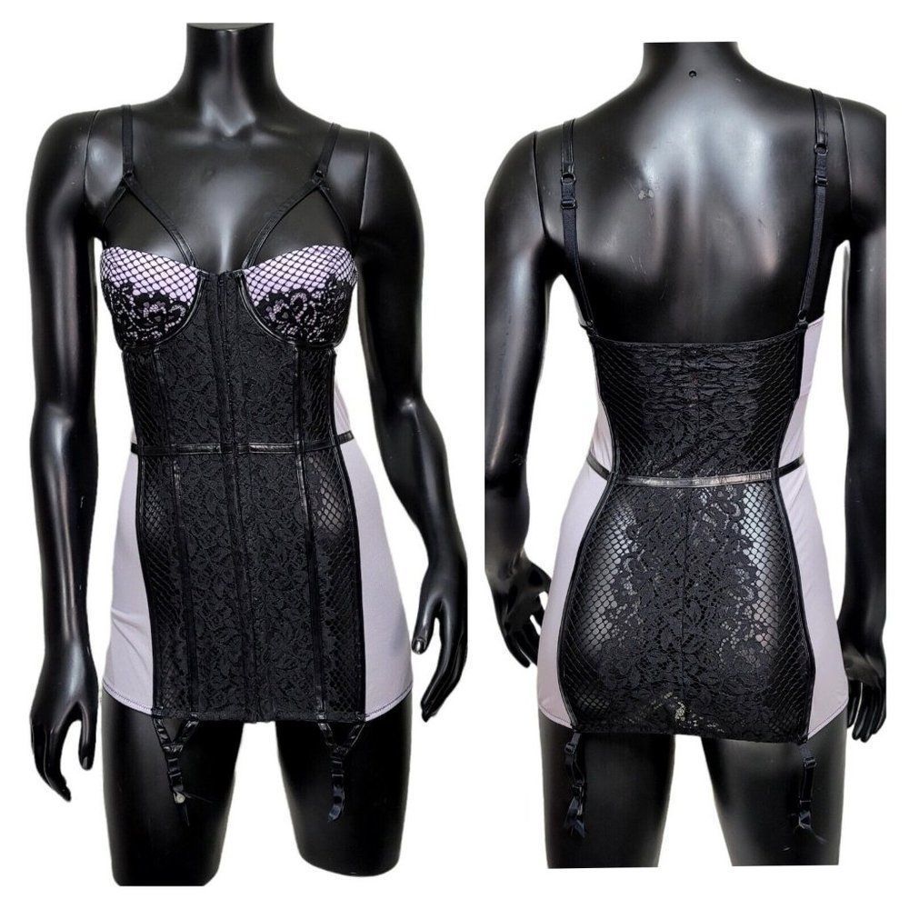 Victorias Secret Black Lavender Lace Fishnet Garter Corset Slip 34C Boudoir